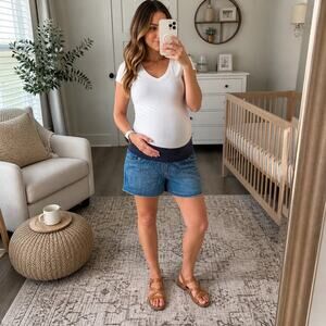 Liz Lange Maternity Denim Shorts Women Large Blue Under Belly Elastic Waistband
